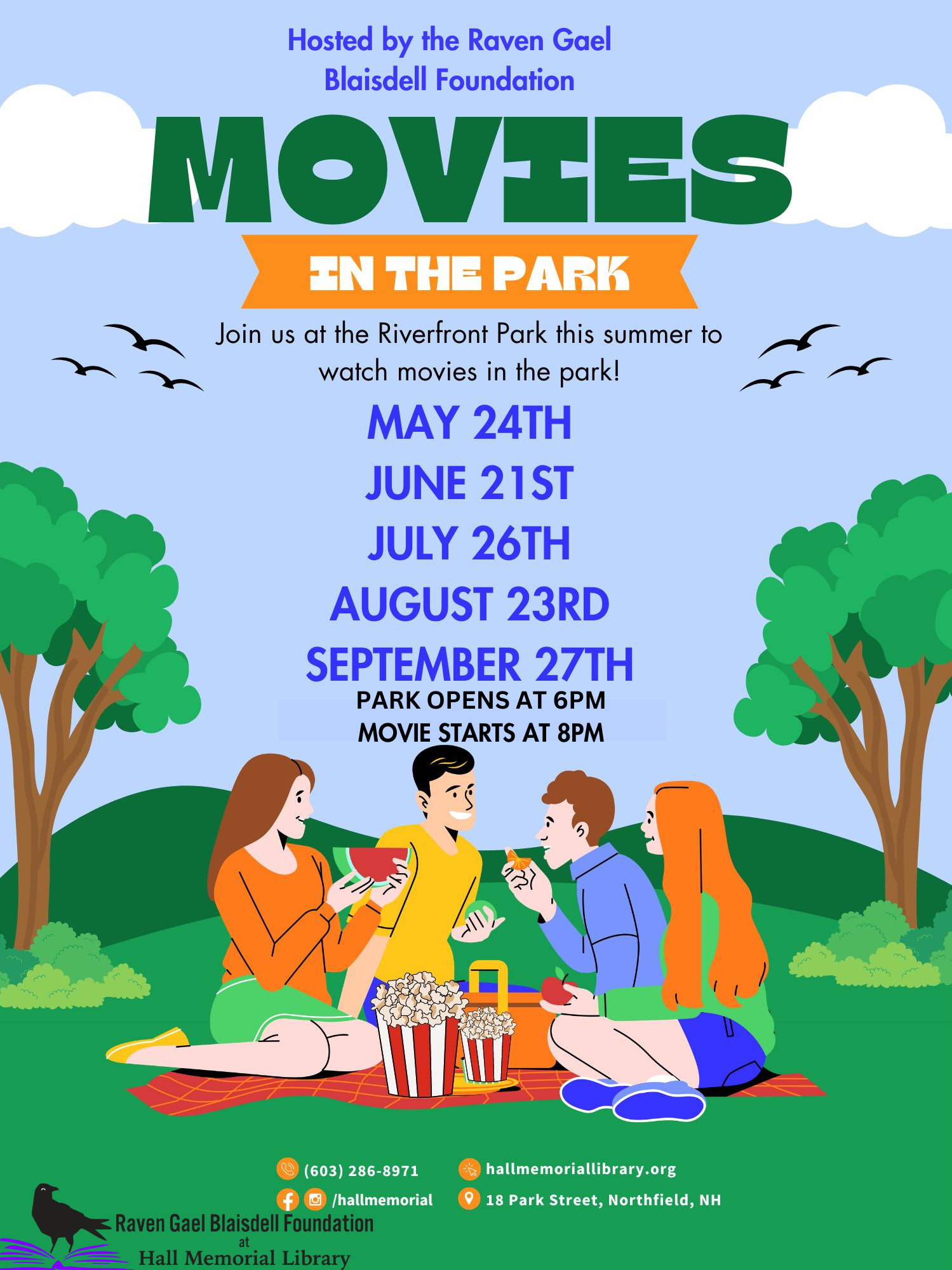Movies in the Park! Join us at the Riverfront Park this summer to watch movies in the park! May 24th, June 21st, July 26th, August 23rd, and September 27th. Park opens at 6pm and movie starts at dusk!