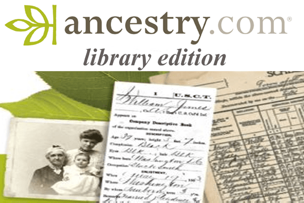 Ancestry.com logo library edition shows a black and white photograph and two historic documents with illegible writing