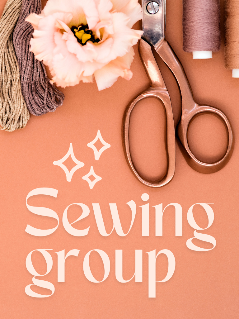 Sewing Group text against dusty pink background with scissors and thread