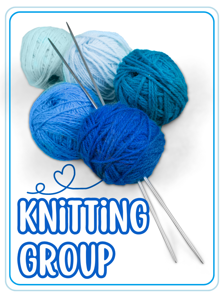 blue yarn and knitting needles "knitting group"