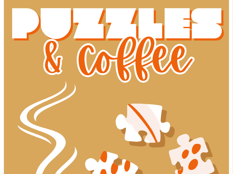 Puzzles & coffee on brown background with puzzle pieces and cup of coffee