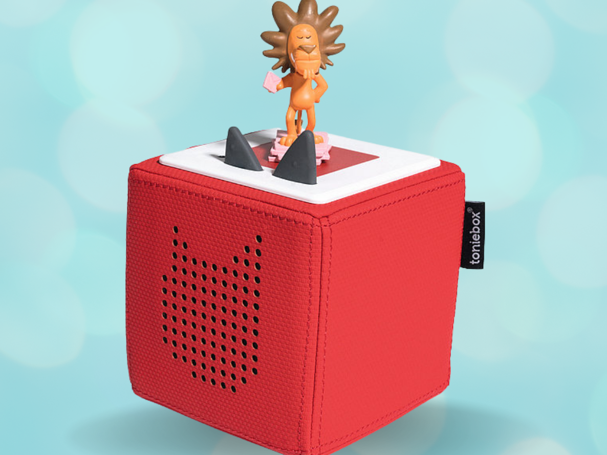 graphic of a red cube shaped speaker for children