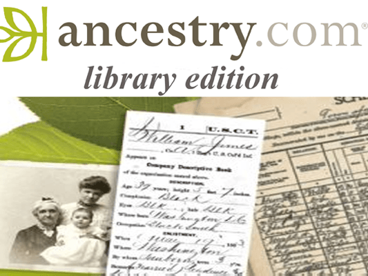 Ancestry.com logo library edition shows a black and white photograph and two historic documents with illegible writing